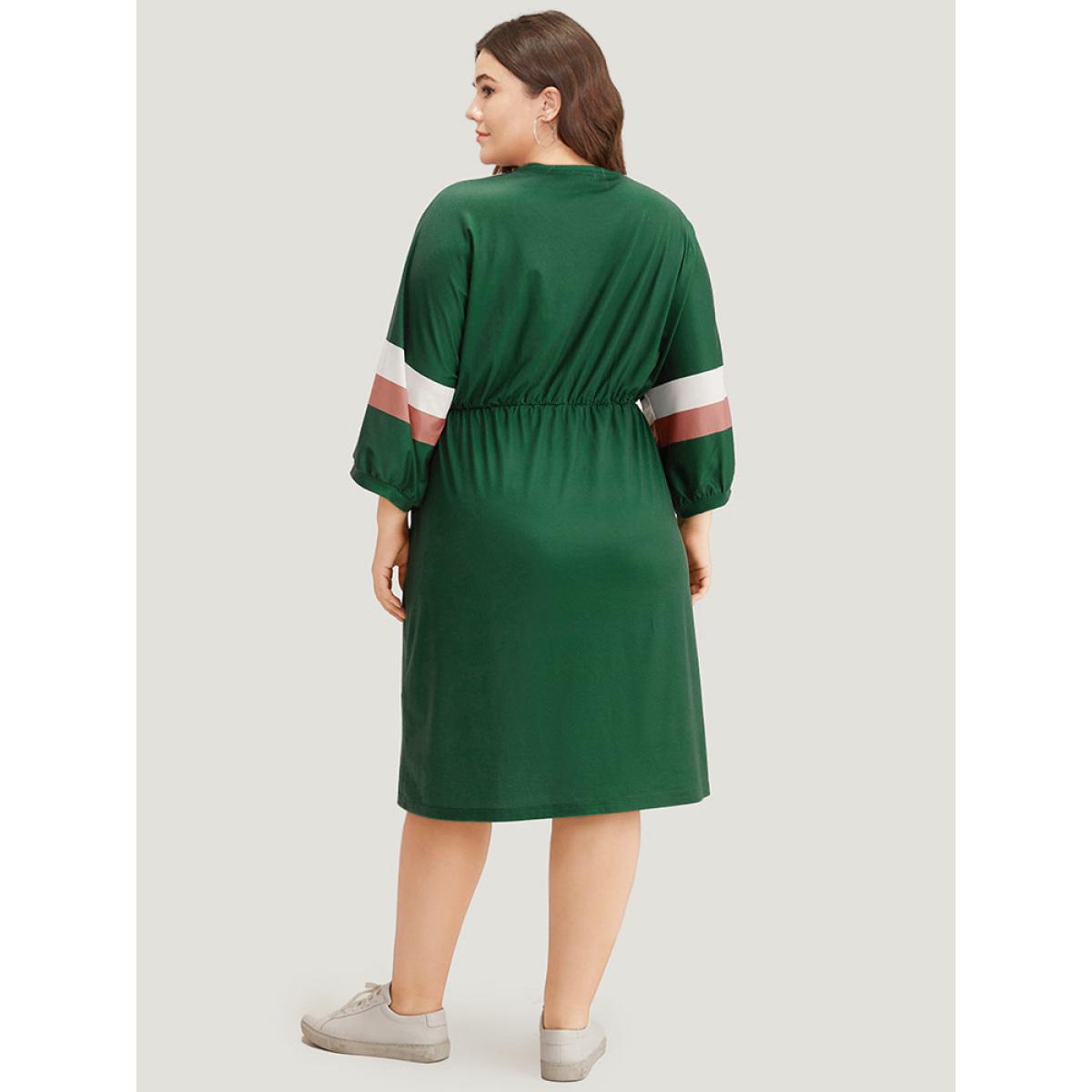 Plus Size Striped Contrast Pocket Bowknot Patchwork Dress DarkGreen Women Casual Cross straps Round Neck Elbow-length sleeve Curvy Midi Dress BloomChic 14-16/1X Product Image