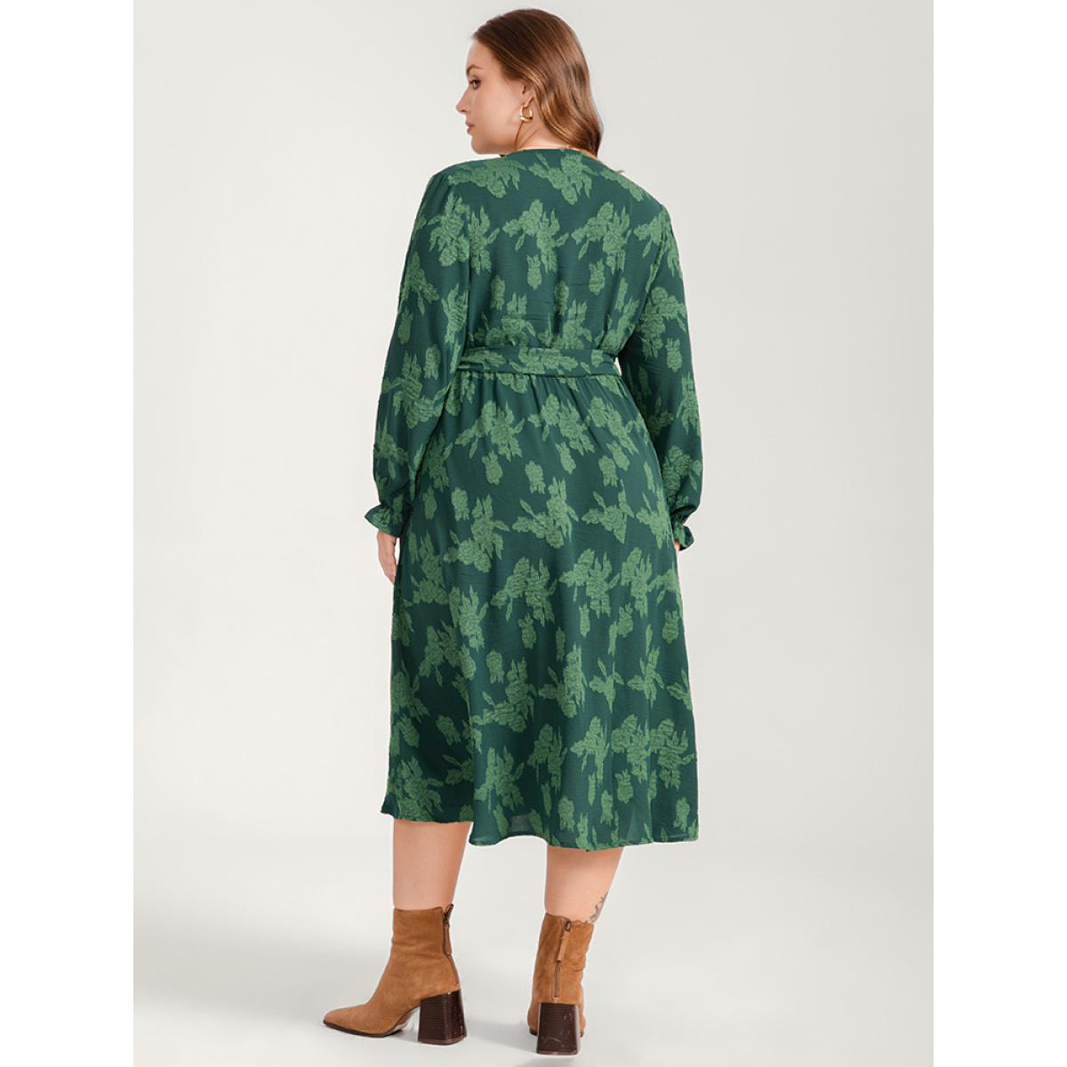 Plus Size Floral Print Lantern Sleeve Pocket Belted Midi Dress Green Women Elegant Pocket V-neck Long Sleeve Curvy Midi Dress BloomChic 18-20/2X Product Image