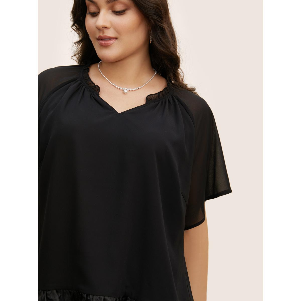 Plus Size Black V Neck Meah Patchwork Ruffle Trim Blouse Women Elegant Short sleeve V-neck Everyday Blouses BloomChic 14-16/1X Product Image