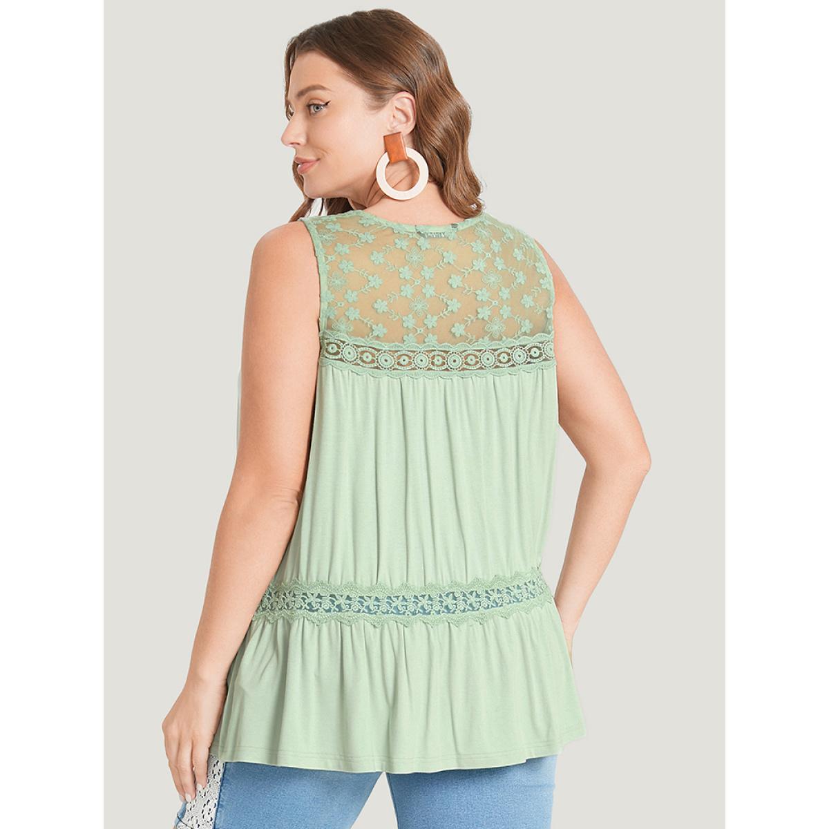 Plus Size Plain Contrast Lace Mesh Ruffle Hem Tank Top Women LightGreen Elegant Dailywear Tank Tops Camis BloomChic 10/M Product Image