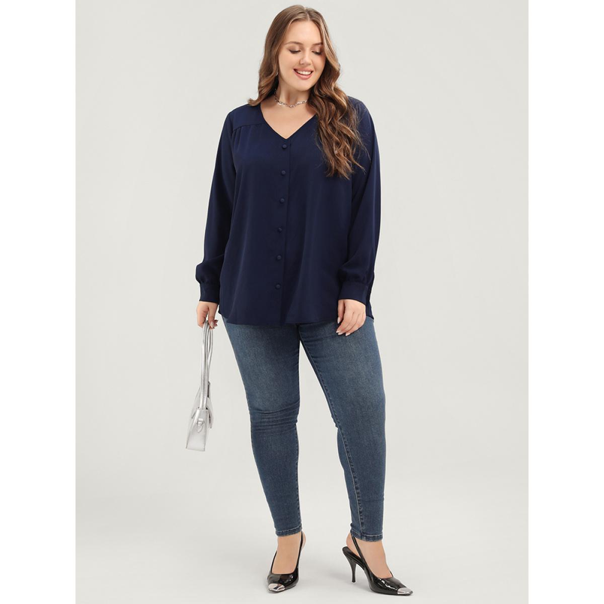 Plus Size Indigo Solid Button Detail Gathered V Neck Blouse Women Elegant Long Sleeve V-neck Dailywear Blouses BloomChic 12/L Product Image