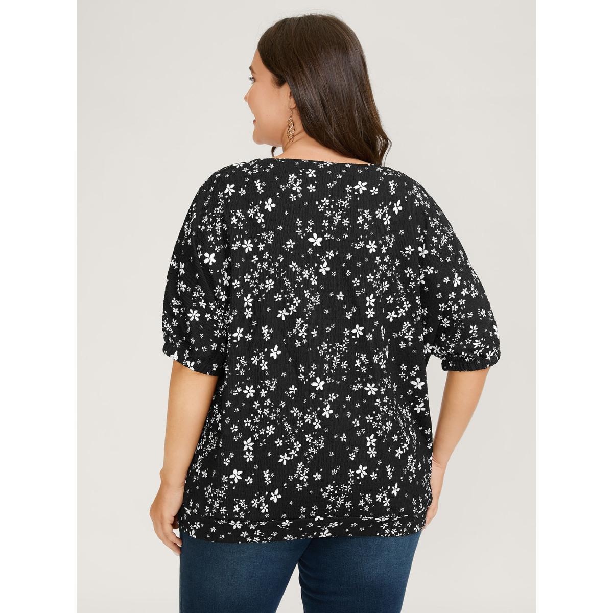 Plus Size Black Floral Print Textured Puffy Sleeve Blouse Women Timeless Half Sleeve Round Neck Elegant Blouses BloomChic 22-24/3X Product Image