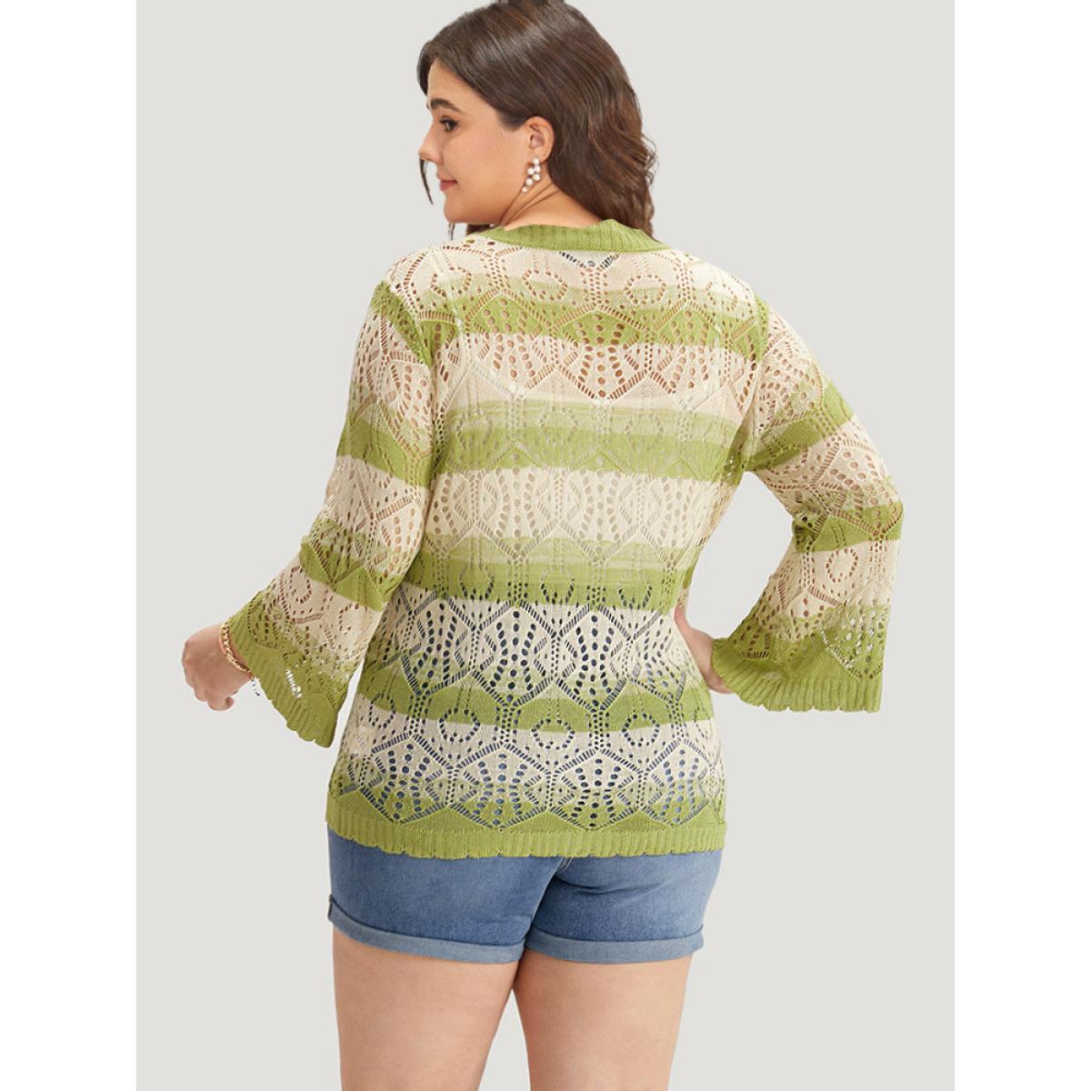 Plus Size Striped Contrast Button Front Cardigan LightGreen Women Casual Loose Long Sleeve Everyday Cardigans BloomChic 22-24/3X Product Image