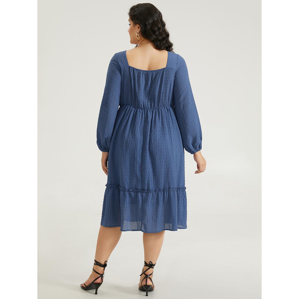 Plus Size Solid Plisse Ties Frill Trim Ruched Dress Cerulean Women Elegant Elastic cuffs Tie Neck Long Sleeve Curvy Midi Dress BloomChic 26/4X Product Image