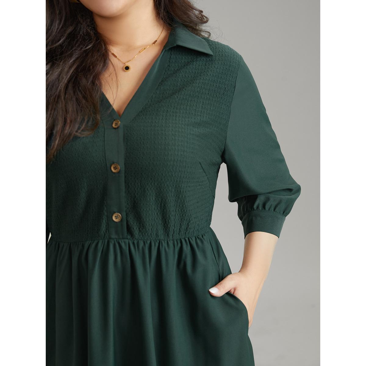 Plus Size Lapel Collar Elastic Waist Button Detail Midi Dress DarkGreen Women Work From Home Texture Lapel Collar Elbow-length sleeve Curvy Midi Dress BloomChic 22-24/3X Product Image
