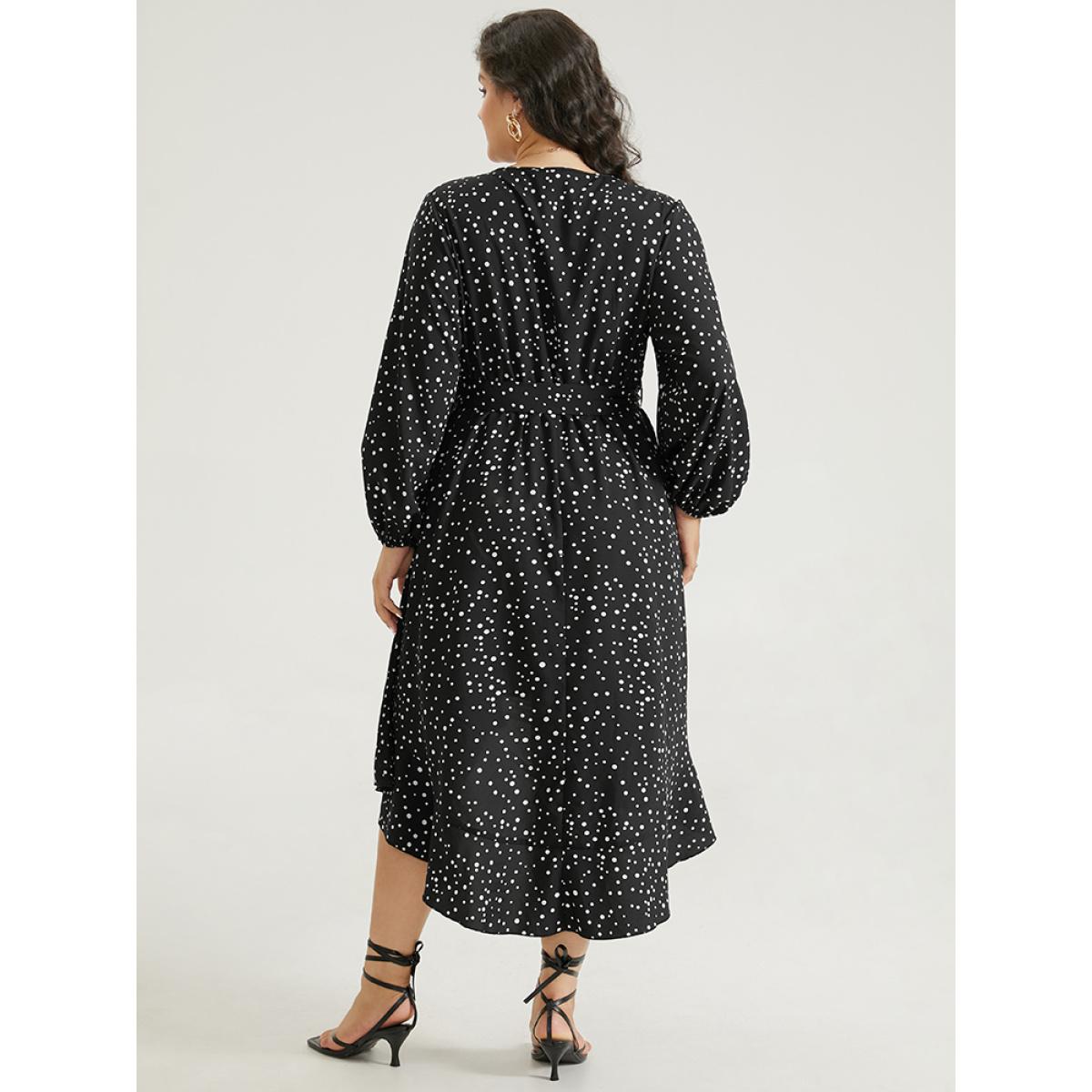 Plus Size Polka Dot Wrap Ruffle Trim High Low Hem Dress Black Women Elegant Elastic cuffs V-neck Long Sleeve Curvy Knee Dress BloomChic 10/M Product Image