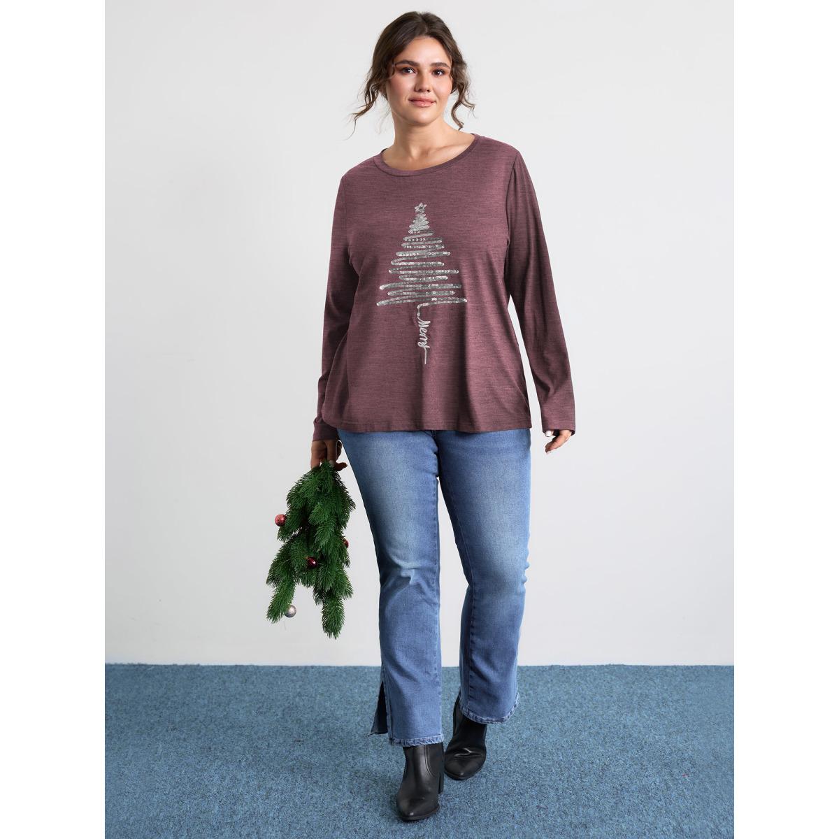 Plus Size Sequin Cord Embroidered Tree Round Neck T-Shirt Plum Women Leisure Round Neck Casual T-shirts BloomChic 12/L Product Image