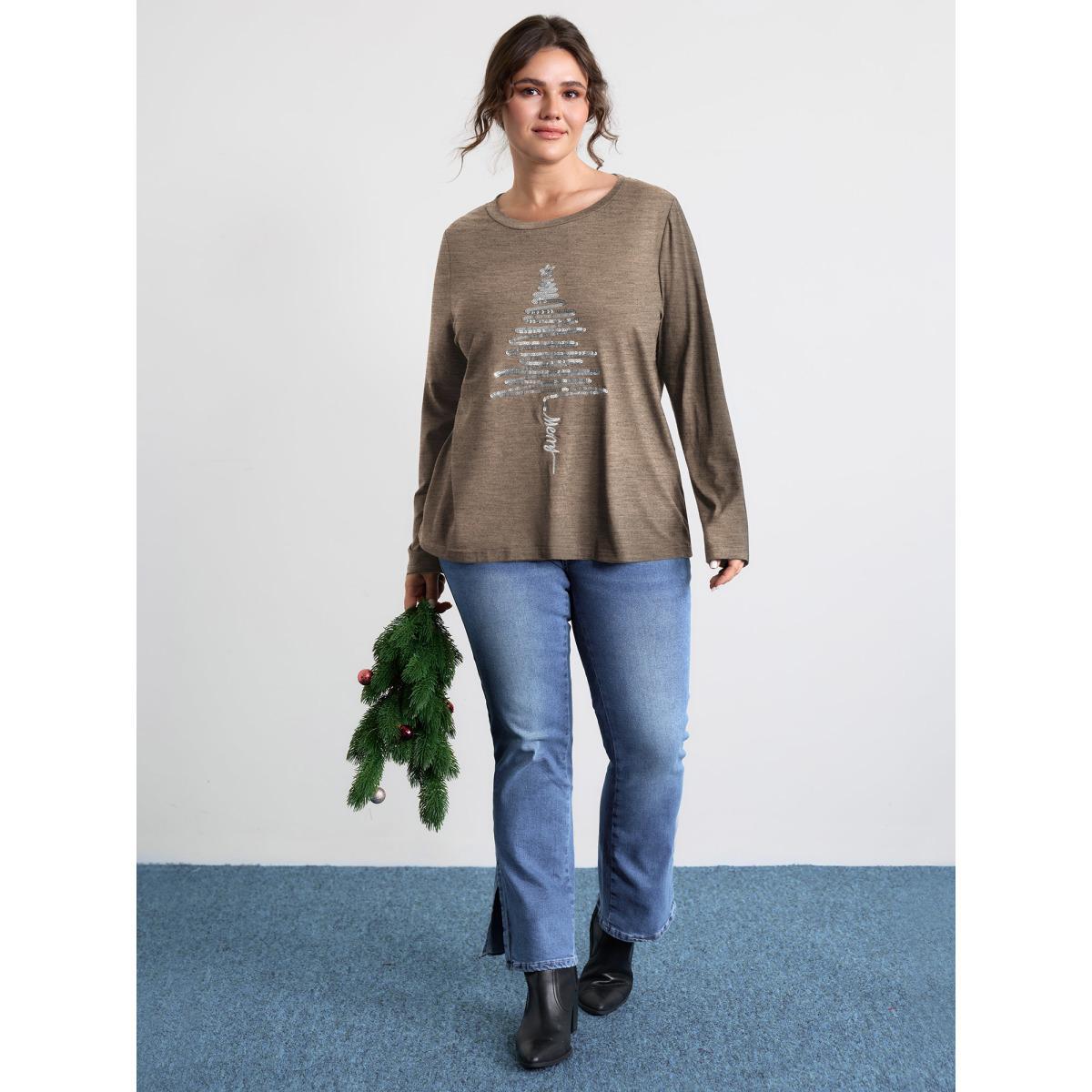 Plus Size Sequin Cord Embroidered Tree Round Neck T-Shirt DarkBrown Women Leisure Round Neck Casual T-shirts BloomChic 18-20/2X Product Image