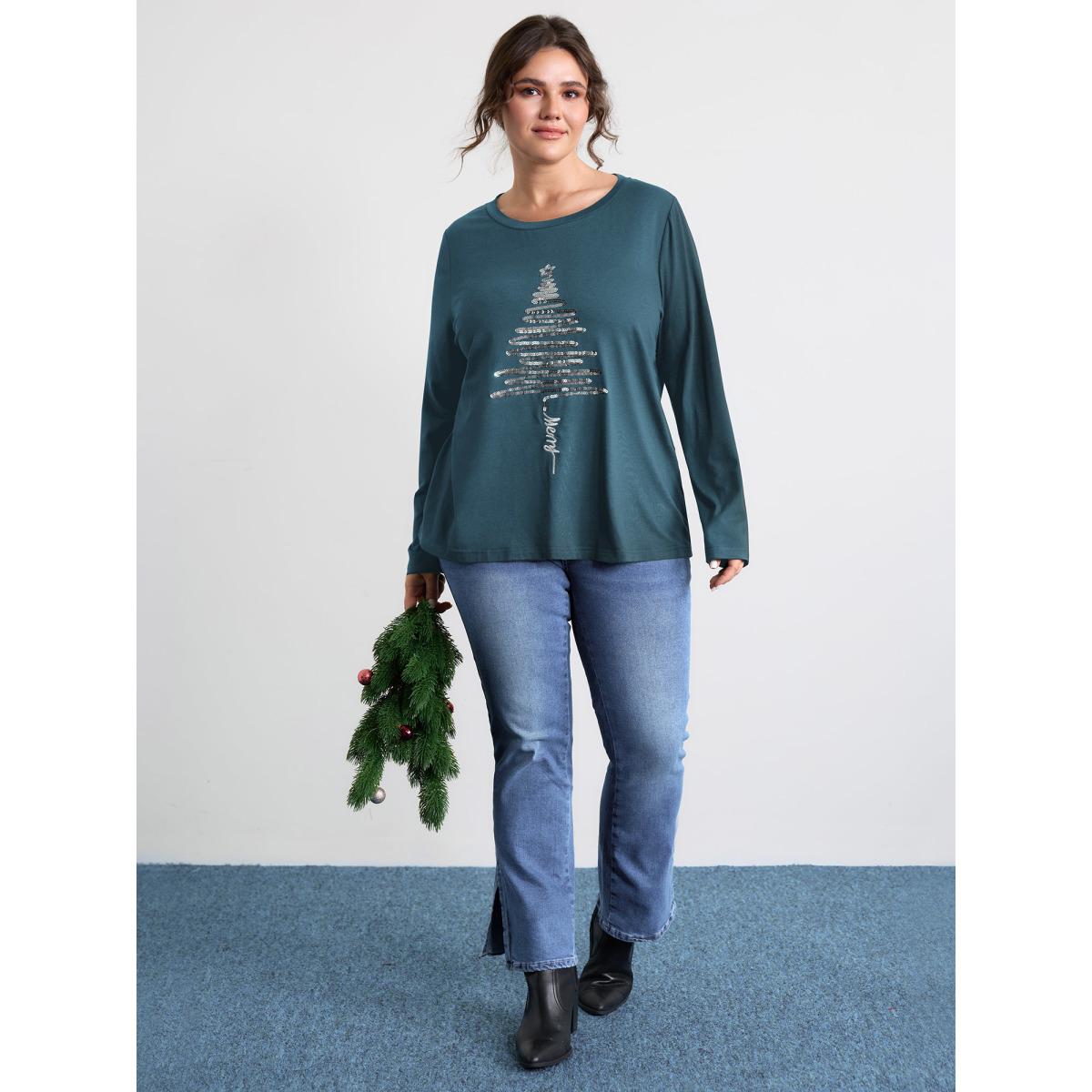 Plus Size Sequin Cord Embroidered Tree Round Neck T-Shirt Aegean Women Leisure Round Neck Casual T-shirts BloomChic 30/6X Product Image