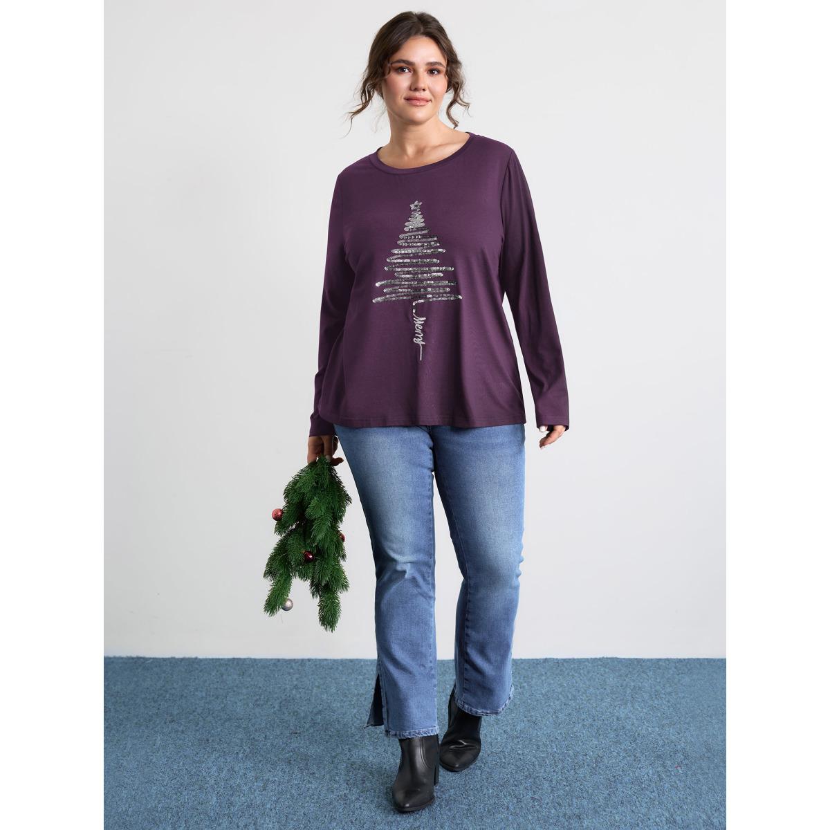 Plus Size Sequin Cord Embroidered Tree Round Neck T-Shirt Aegean Women Leisure Round Neck Casual T-shirts BloomChic 30/6X Product Image