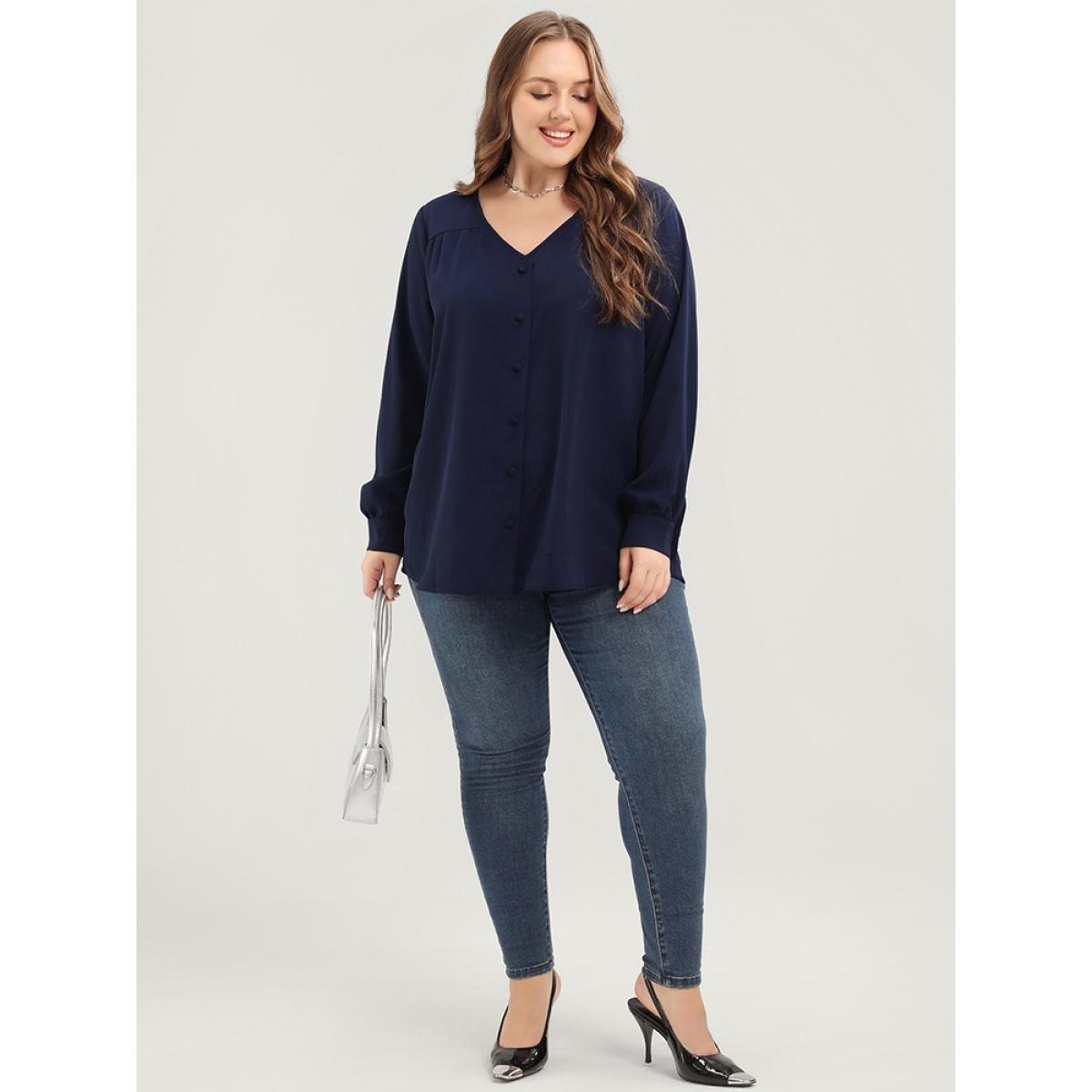 Plus Size Indigo Solid Button Detail Gathered V Neck Blouse Women Elegant Long Sleeve V-neck Dailywear Blouses BloomChic 12/L Product Image