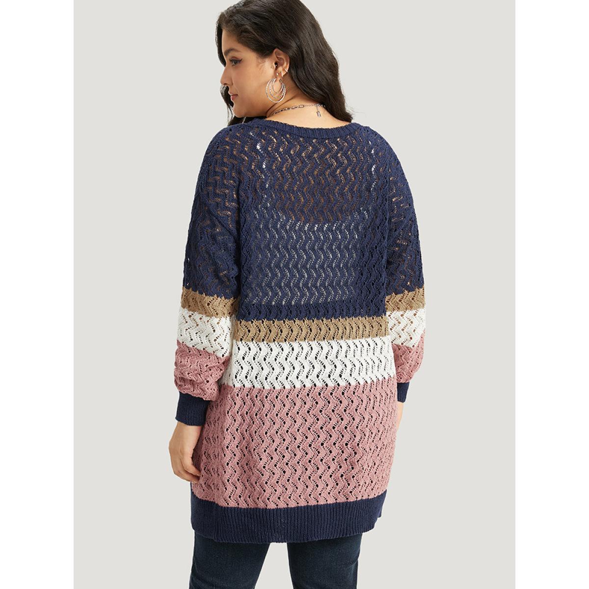 Plus Size Colorblock Eyelet Patched Pocket Cardigan Multicolor Women Casual Loose Long Sleeve Dailywear Cardigans BloomChic 26/4X Product Image