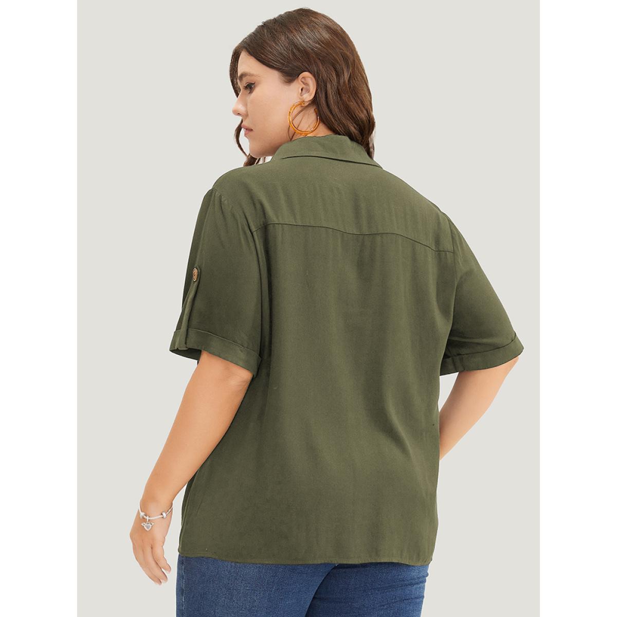 Plus Size ArmyGreen Solid Button Up Roll Sleeve Knotted Hem Blouse Women Office Short sleeve Shirt collar Dailywear Blouses BloomChic 10/M Product Image
