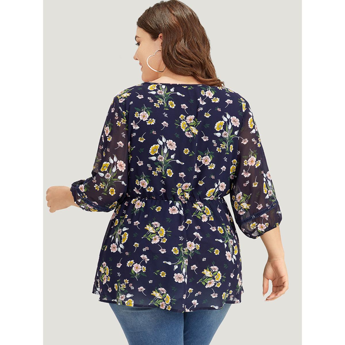 Plus Size Indigo Floral Print V Neck Guipure Lace Mesh Lantern Sleeve Blouse Women Elegant Elbow-length sleeve V-neck Dailywear Blouses BloomChic 28/5X Product Image