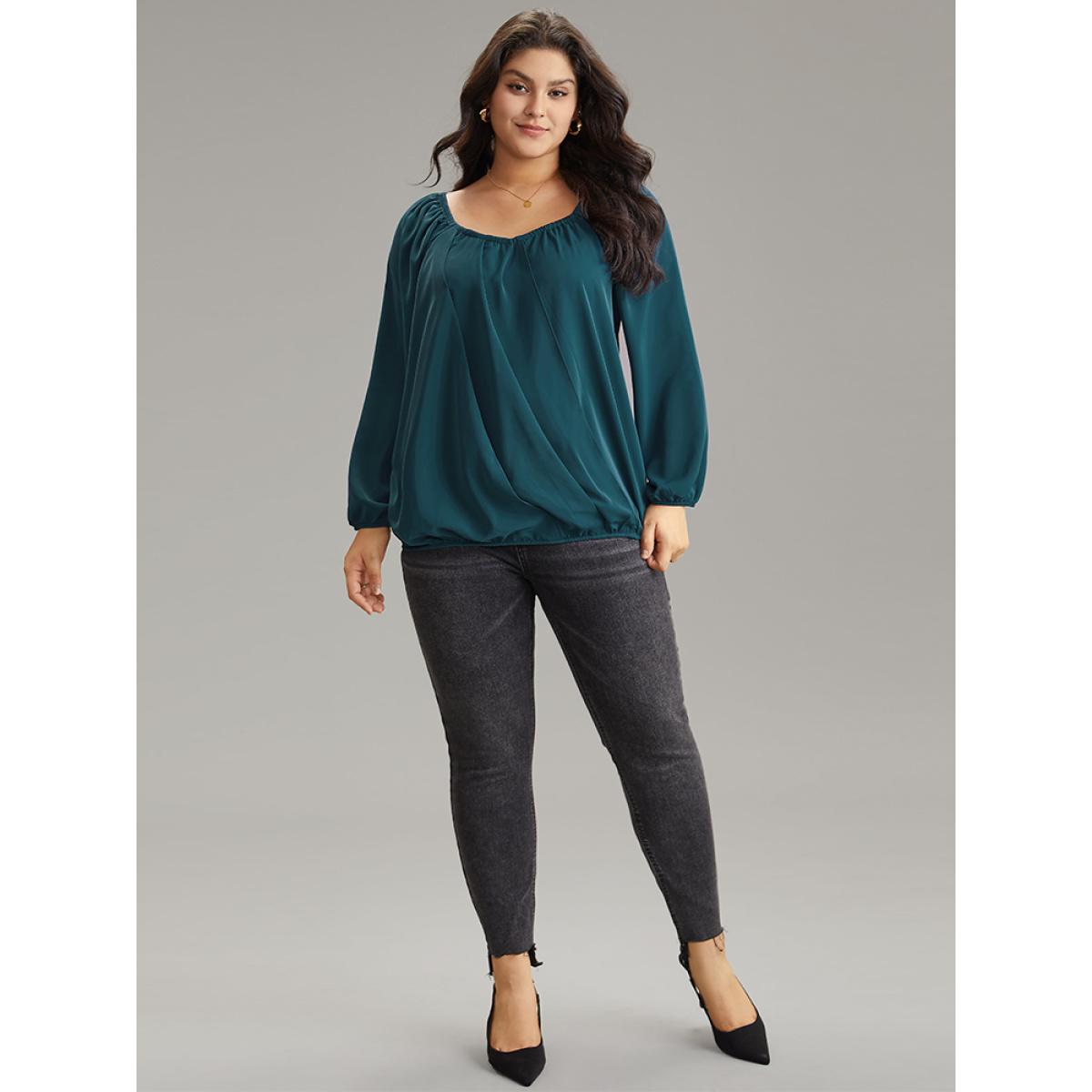 Plus Size Aegean Static-Free Solid Lantern Sleeve Plicated Detail Blouse Women Elegant Long Sleeve Square Neck Office Blouses BloomChic 12/L Product Image