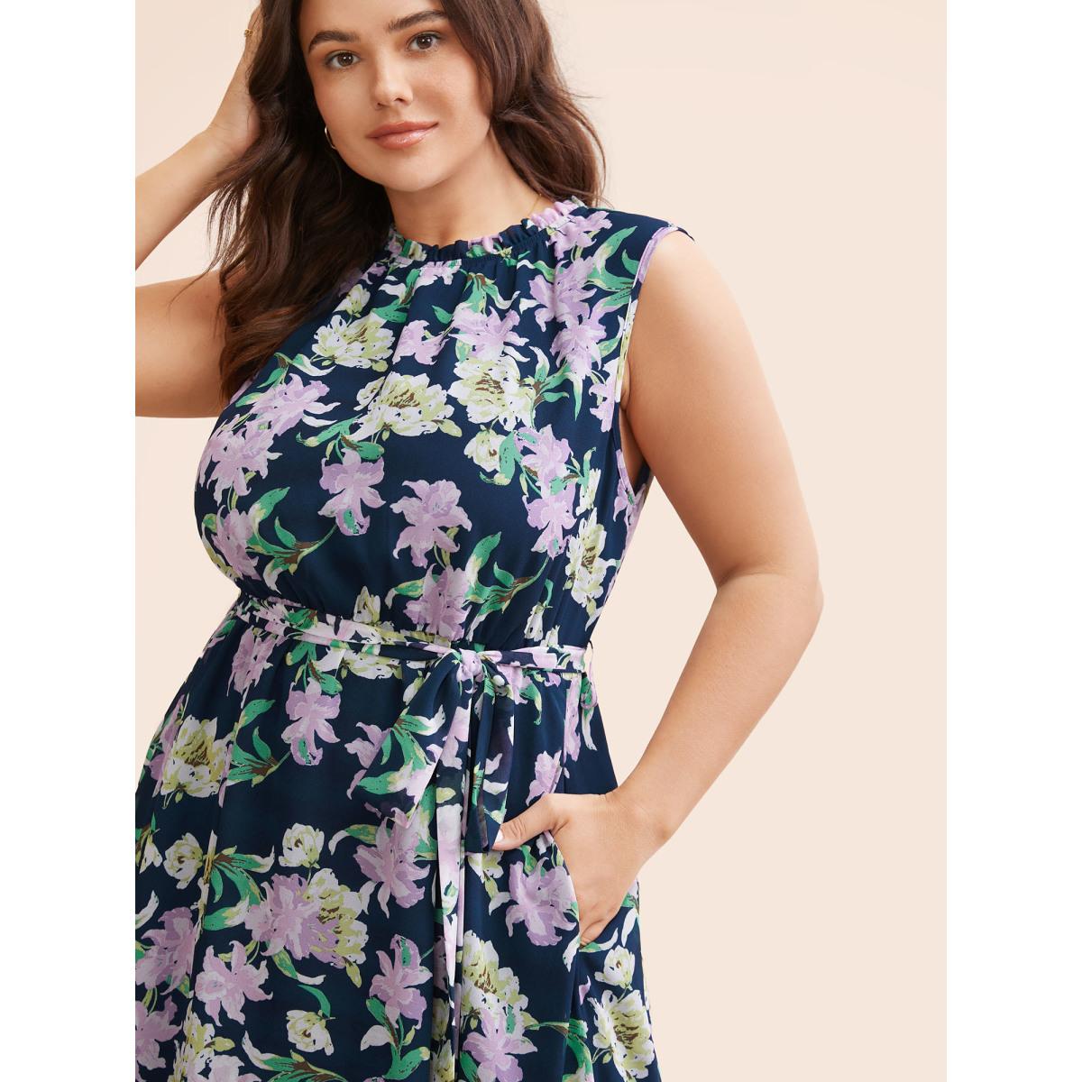 Plus Size Floral Mock Neck Asymmetrical Hem Dress DarkBlue Women Elegant Belted Mock Neck Sleeveless Curvy BloomChic 30/6X Product Image