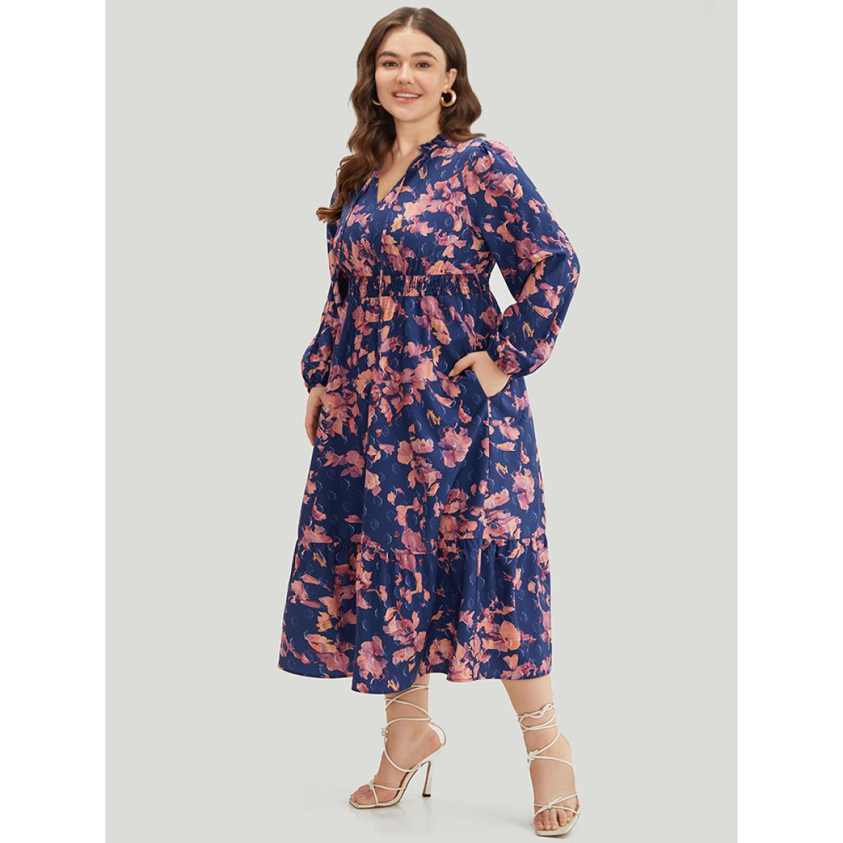 Plus Size Floral Print Shirred Frill Trim Ties Dress DarkBlue Women Elegant Elastic cuffs Tie Neck Long Sleeve Curvy Midi Dress BloomChic 10/M Product Image