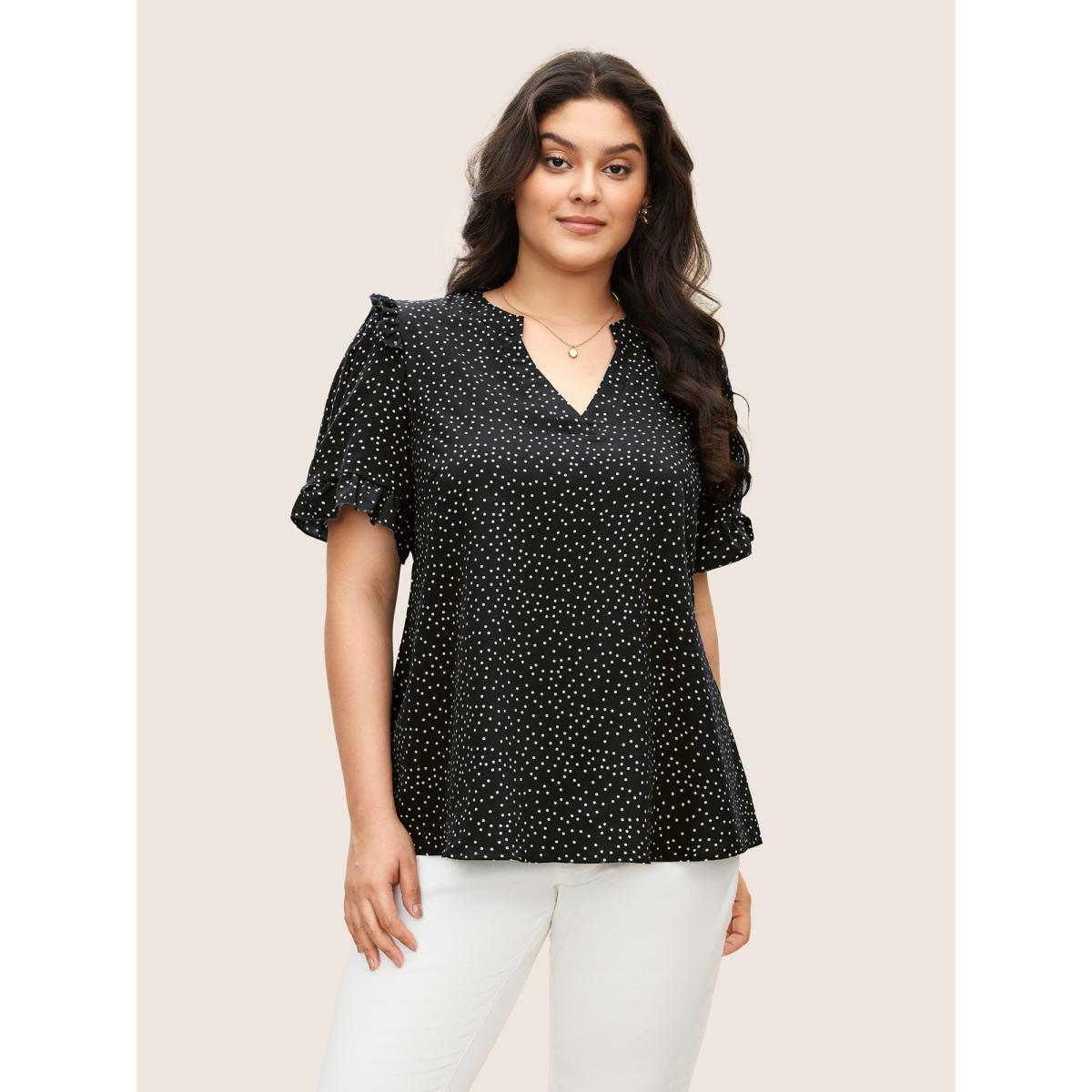 Polka Dot Ruffles Plus Size Women Blouses Elegance Casual Ruffles Ruffle Sleeve Short Sleeve V Neck Dailywear Blouses BloomChic Product Image