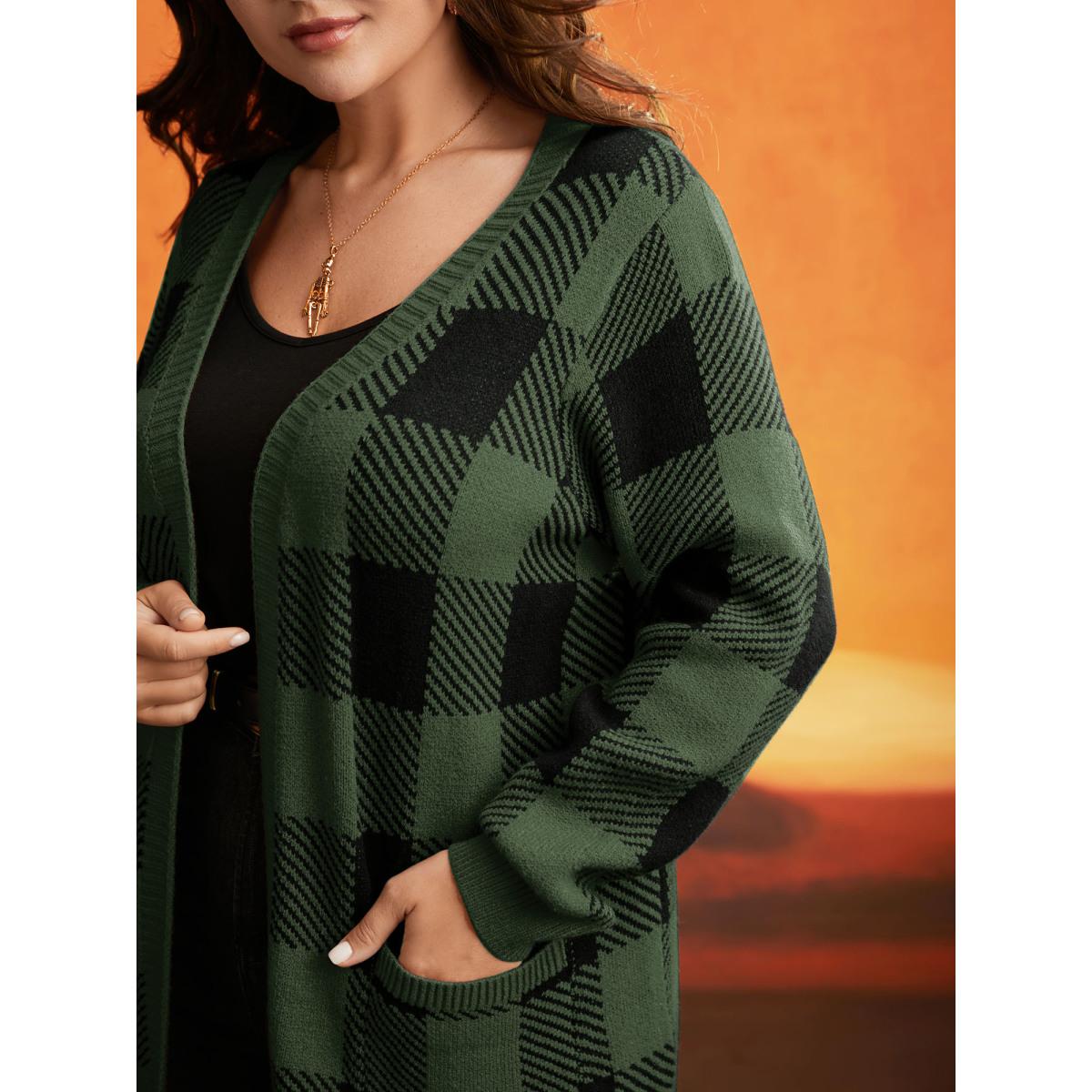 Plus Size Supersoft Essentials Plaid Open Cardigan ArmyGreen Women Casual Loose Long Sleeve Everyday Cardigans BloomChic 12/L Product Image