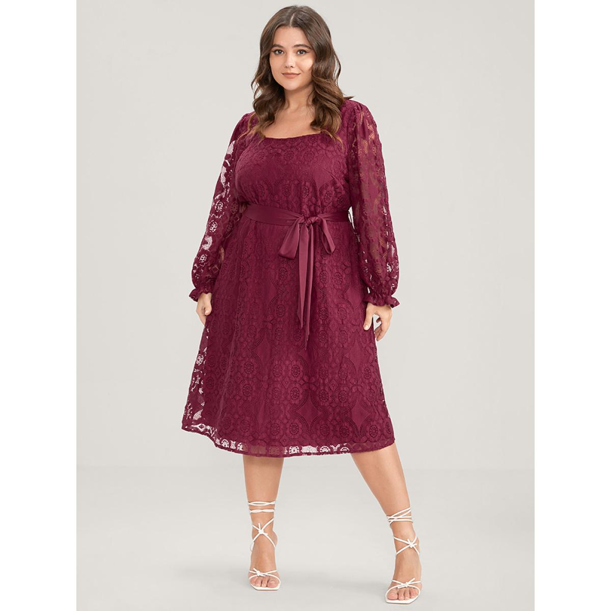 Plus Size Solid Square Neck Lantern Sleeve Belted Lace Dress Scarlet Women Glamour Belted Square Neck Long Sleeve Curvy Midi Dress BloomChic 26/4X Product Image