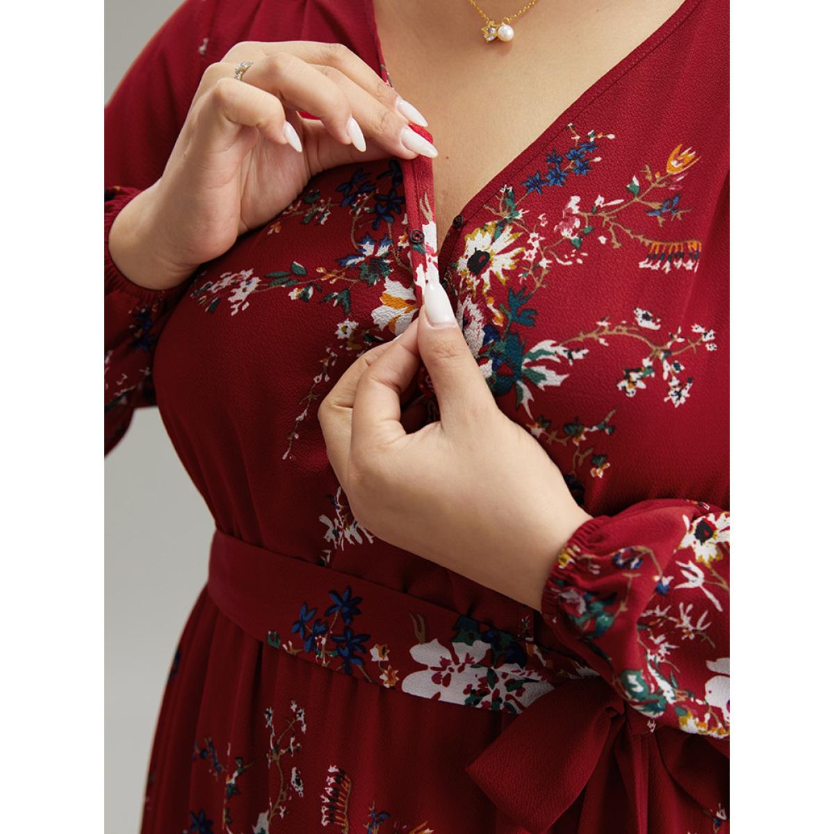 Plus Size Floral Print Belted Split Surplice Neck Dress Scarlet Women Elegant Elastic cuffs Overlap Collar Long Sleeve Curvy Midi Dress BloomChic 12/L Product Image