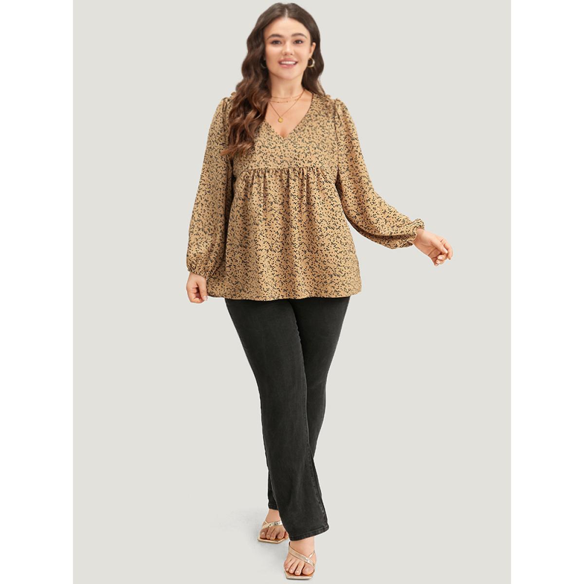 Plus Size LightBrown Ditsy Floral Shirred V Neck Frill Trim Blouse Women Elegant Long Sleeve V-neck Dailywear Blouses BloomChic 22-24/3X Product Image