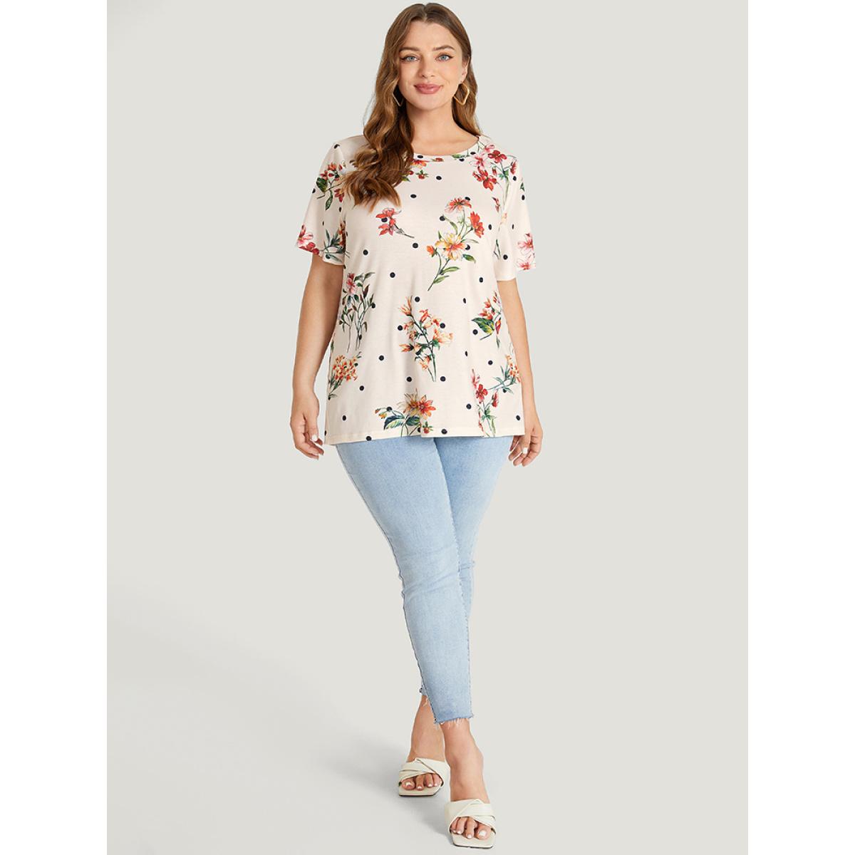 Plus Size Floral & Polka Dot Round Neck T-shirt Beige Women Elegant Floral Round Neck Dailywear T-shirts BloomChic 12/L Product Image