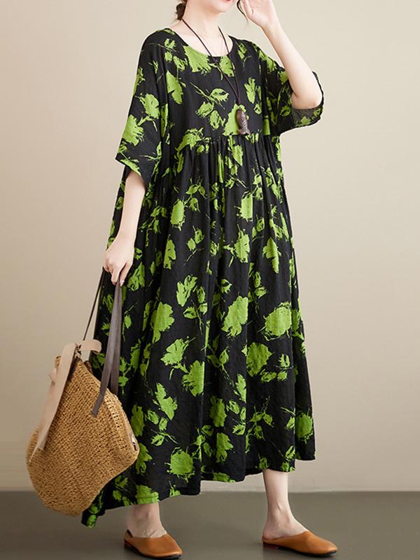 Loose Floral Pleated Round-Neck Midi Dresses Product Image
