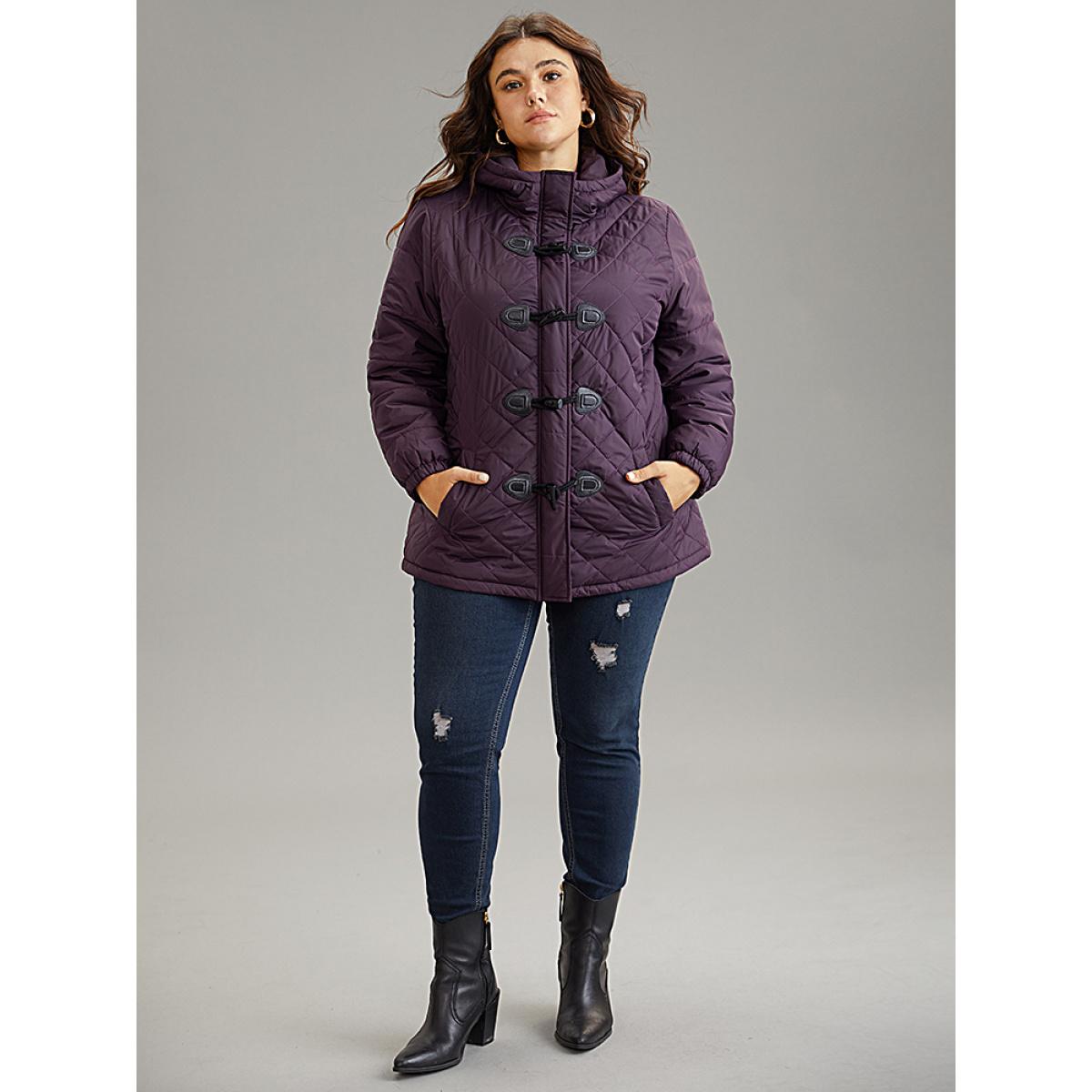 Plus Size Quilted Duffle Button Hooded Pocket Cotton Jacket Women Eggplant Casual Quilting Ladies Dailywear Winter Coats BloomChic 22-24/3X Product Image