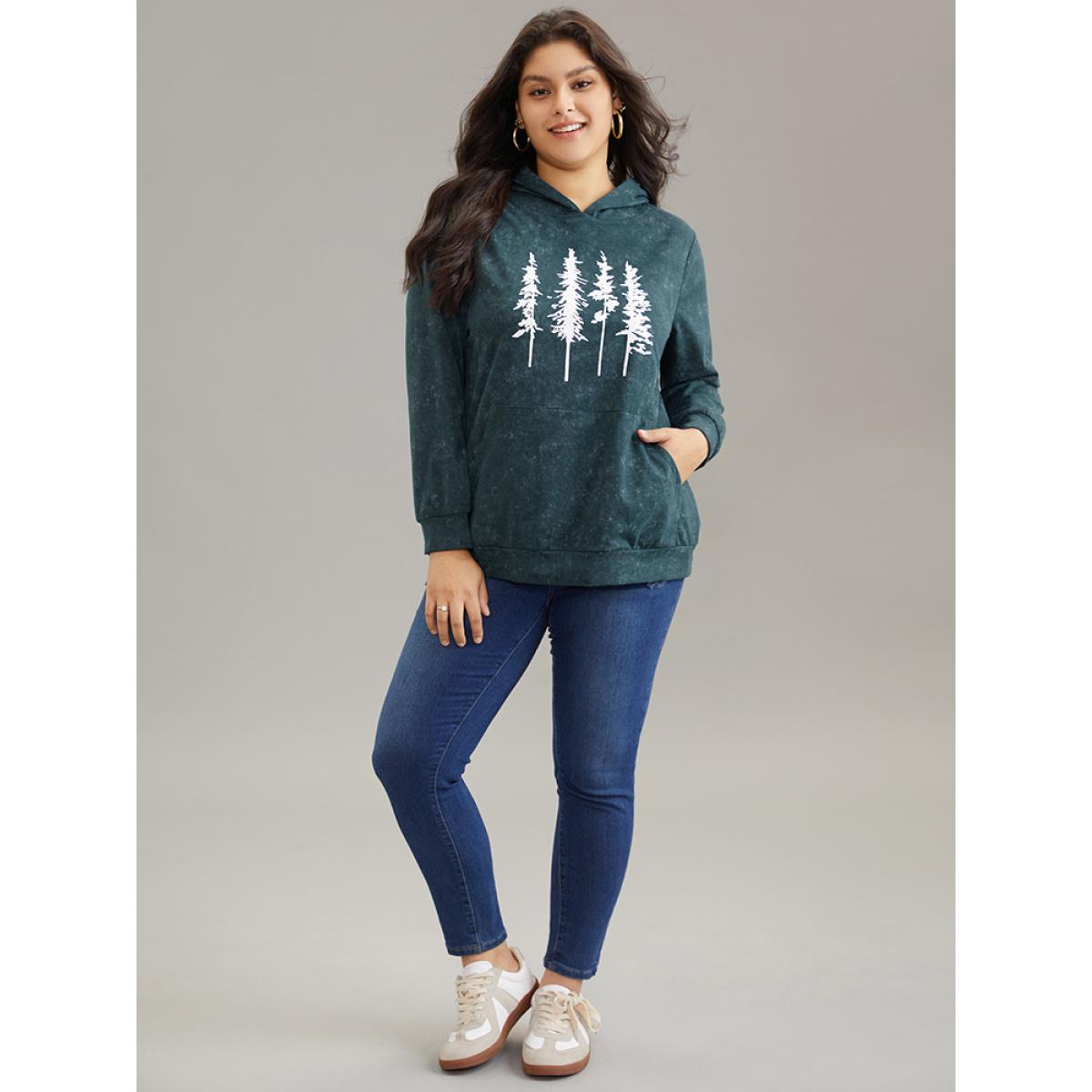 Plus Size Vintage Forest Print Kangaroo Pocket Sweatshirt Women Cyan Casual Printed Dailywear Sweatshirts BloomChic 12/L Product Image