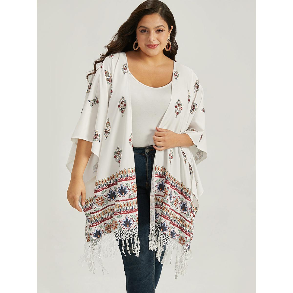 Plus Size Boho Print Asymmetrical Hem Tassel Trim Drape Kimono Women Ivory Casual Drape Loose Dailywear Kimonos BloomChic 30/6X Product Image