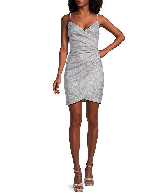 I.N. San Francisco Spaghetti Strap V-Neck Fitted Pleated Wrap Dress Product Image