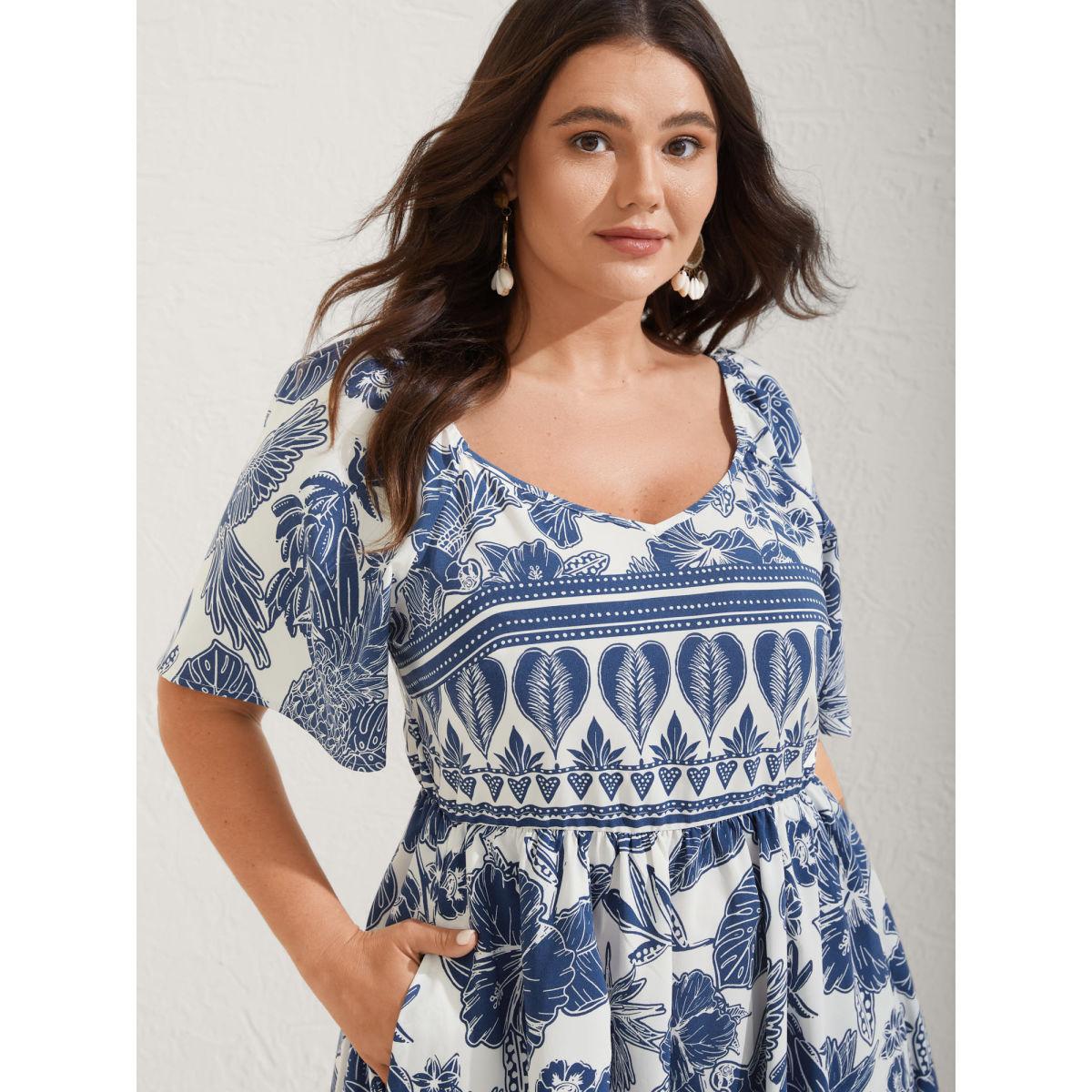 Plus Size Boho Print Fit Flare Pockets Midi Dress DarkBlue Women Resort Non Heart neckline Short sleeve Curvy BloomChic 26/4X Product Image