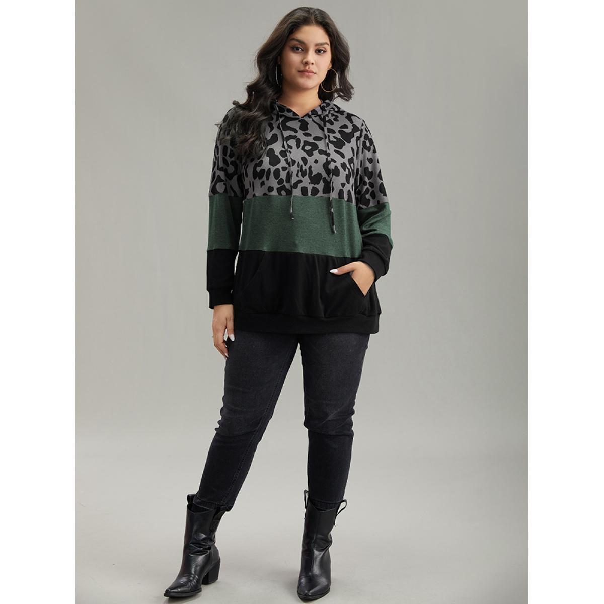 Plus Size Leopard Colorblock Contrast Hooded Drawstring Sweatshirt Women Green Casual Contrast Hooded Dailywear Sweatshirts BloomChic 10/M Product Image