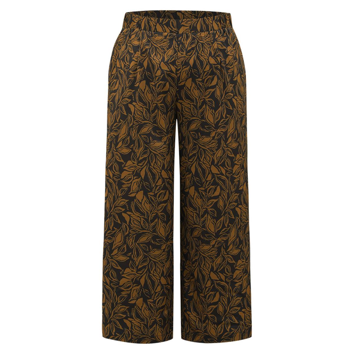 Plus Size Silhouette Floral Print Elastic Waist Wide Leg Pants Women Black Vacation Wide Leg High Rise Dailywear Pants BloomChic 12/L Product Image