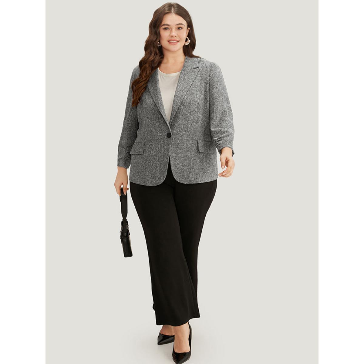 Plus Size Coarse Tweed Ruched Cuffs Flap Pocket Blazer DimGray Women Office Plain Texture Sleeve Long Sleeve Suit Collar 18-20/2X At the Office Blazers BloomChic Product Image