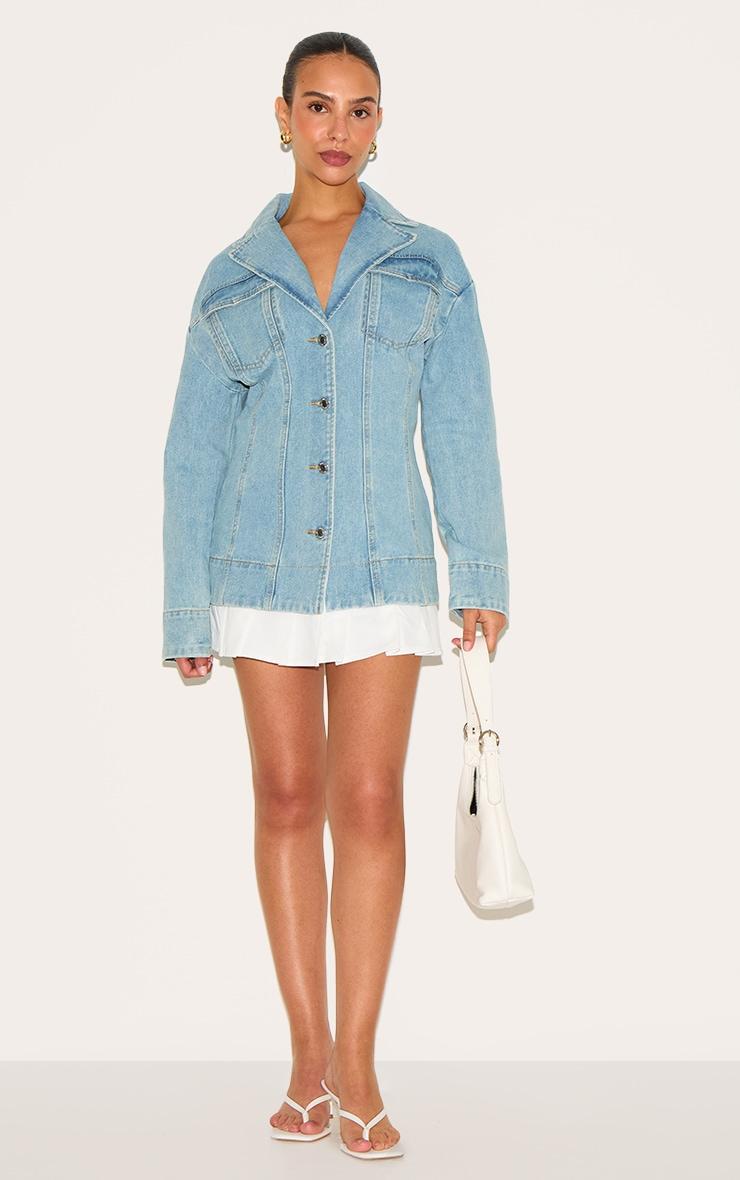 Petite Light Blue Denim Fitted Mini Dress With Pleat Details Product Image