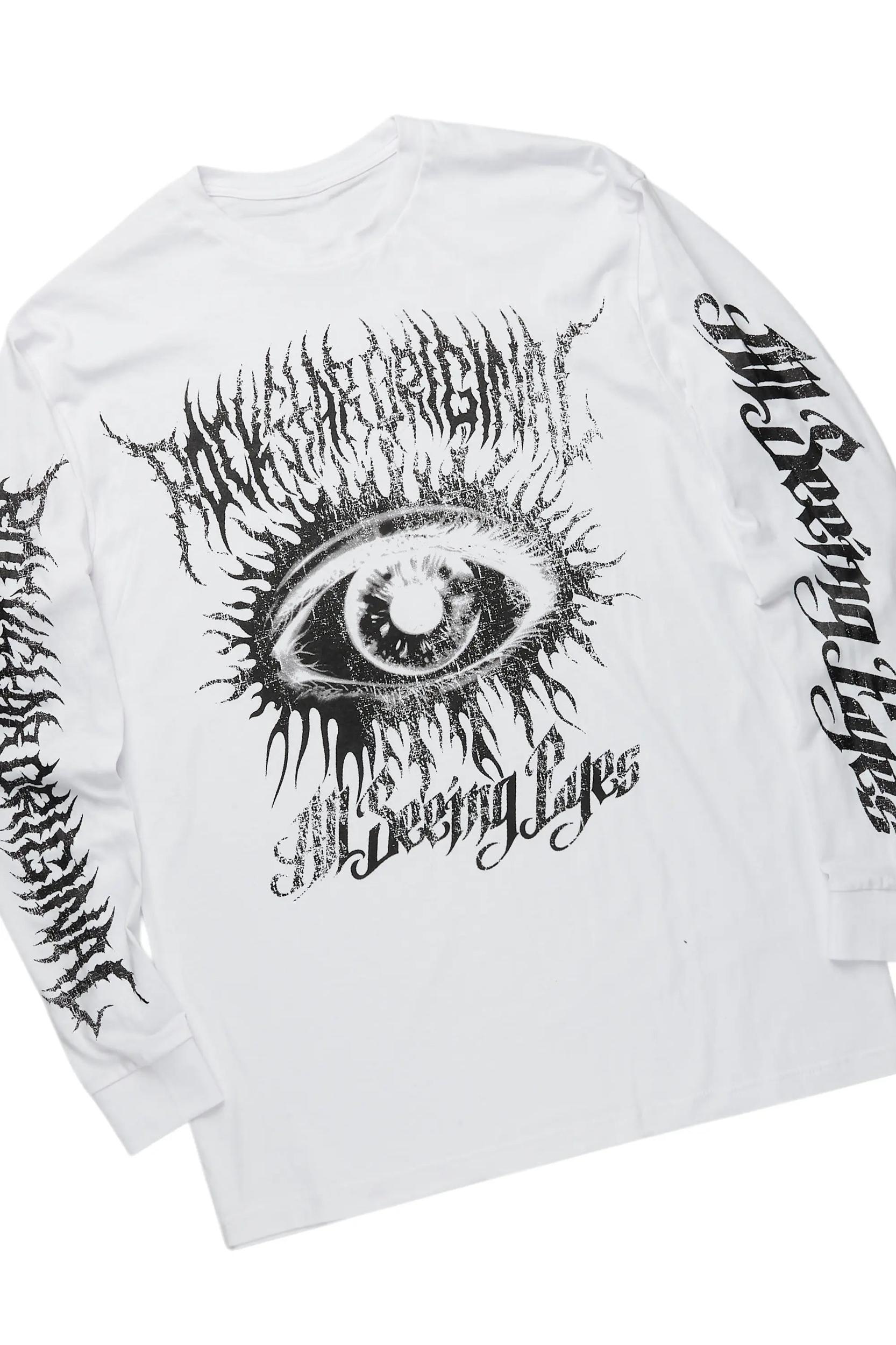 All Seeing Eyes White/Grey Long Sleeve T-Shirt Short Set Male Product Image