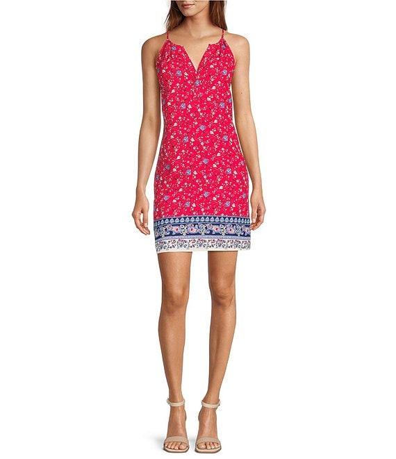 Skies Are Blue Border Floral Print Halter Split-Neck Sleeveless Shift Dress Product Image