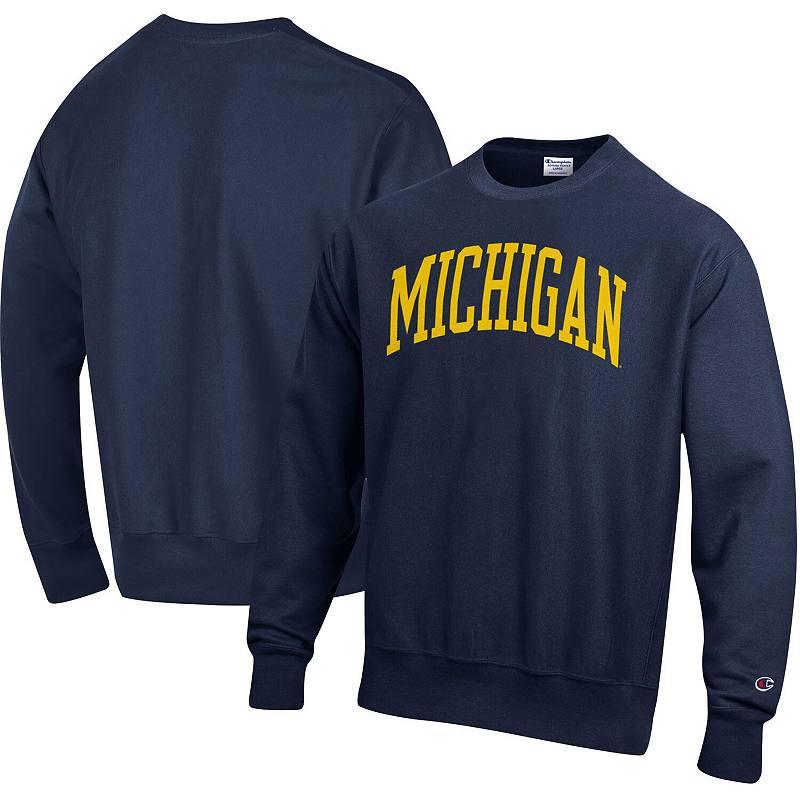 Men's Champion Navy Michigan Wolverines Arch Reverse Weave Pullover Sweatshirt,  Product Image