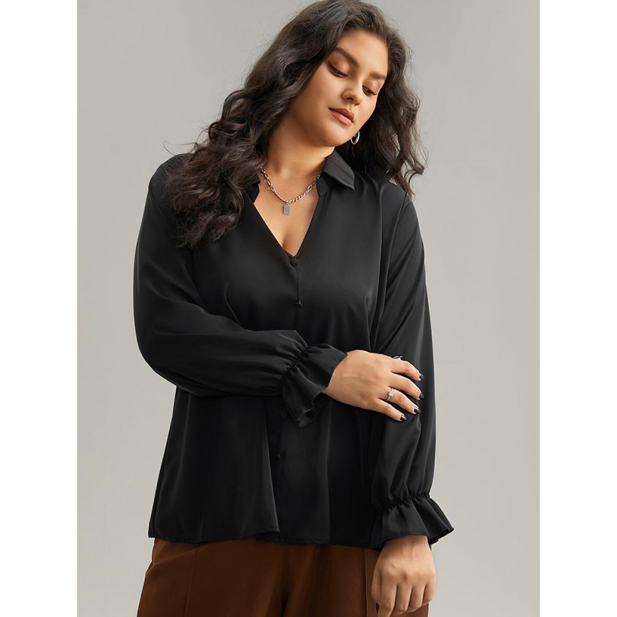Plus Size Black Static-Free Solid Button Detail Frill Trim Blouse Women Office Long Sleeve Shirt collar Office Blouses BloomChic 10/M Product Image