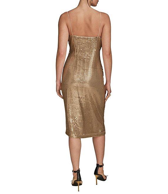 Donna Karan Gold Sequin Mesh Cowl Neck Sleeveless Midi Dress Product Image