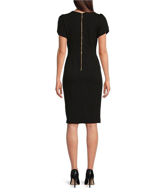 Calvin Klein Crew Neck Short Tulip Sleeve Solid Sheath Stretch Dress Product Image