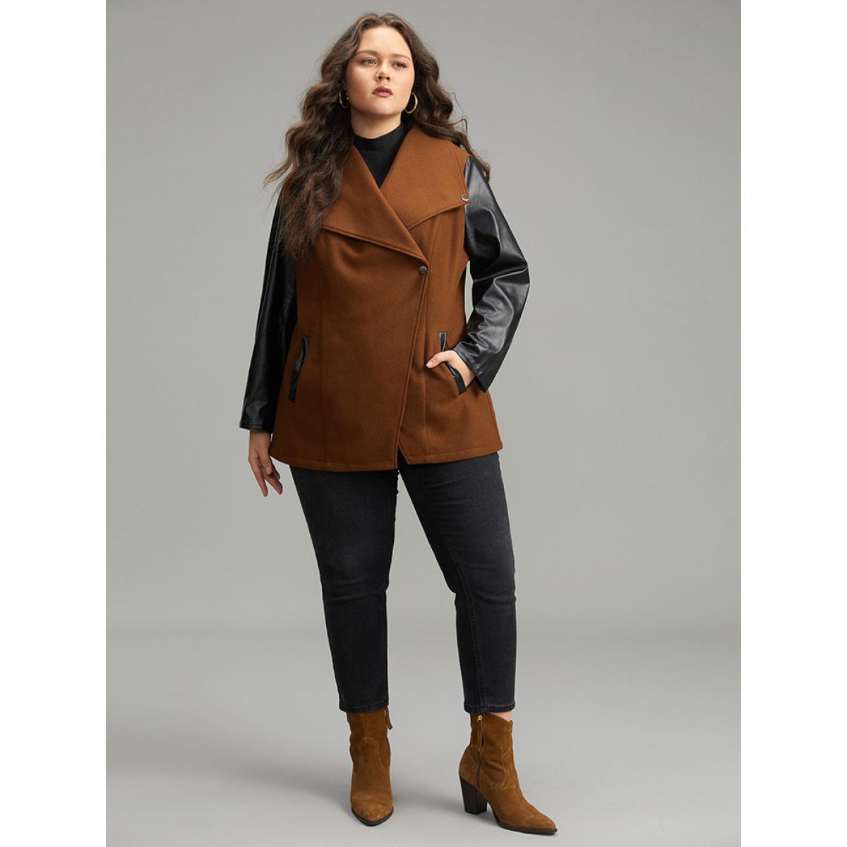 Plus Size Contrast PU Leather Lapel Collar Pocket Button Up Coat Women Tan Casual Contrast Ladies Dailywear Winter Coats BloomChic 26/4X Product Image