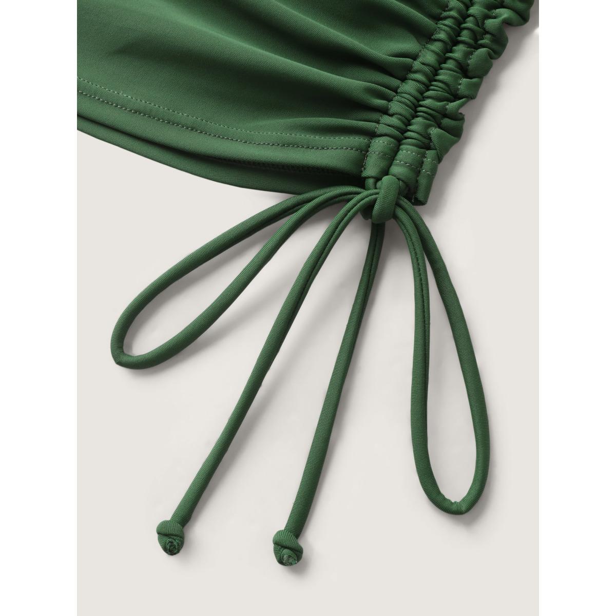 Plus Size Zipper Drawstring Detail Solid Swim Top Women's Swimwear ArmyGreen Beach High stretch Skinny Round Neck Curve Swim Tops BloomChic 18-20/2X Product Image