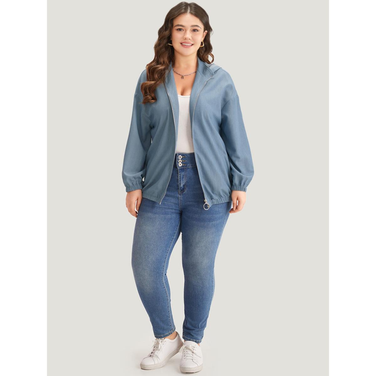 Plus Size Lapel Collar Hooded Zipper Pocket Elastic Hem Jacket Women Stone Elastic cuffs Pocket Dailywear Jackets BloomChic 22-24/3X Product Image