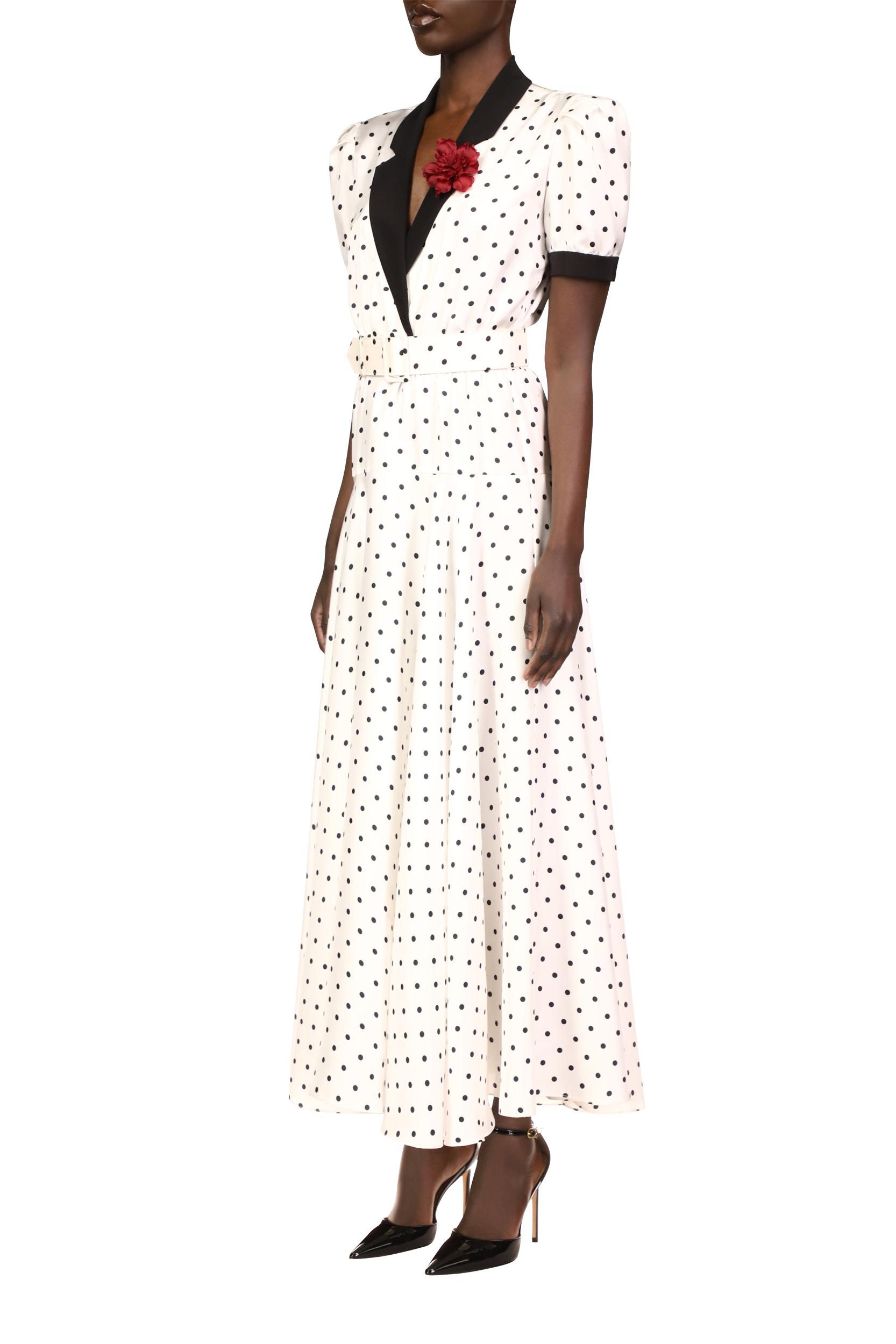 White and Black Polka Dot Silk Twill Collared Dress With Belt Product Image