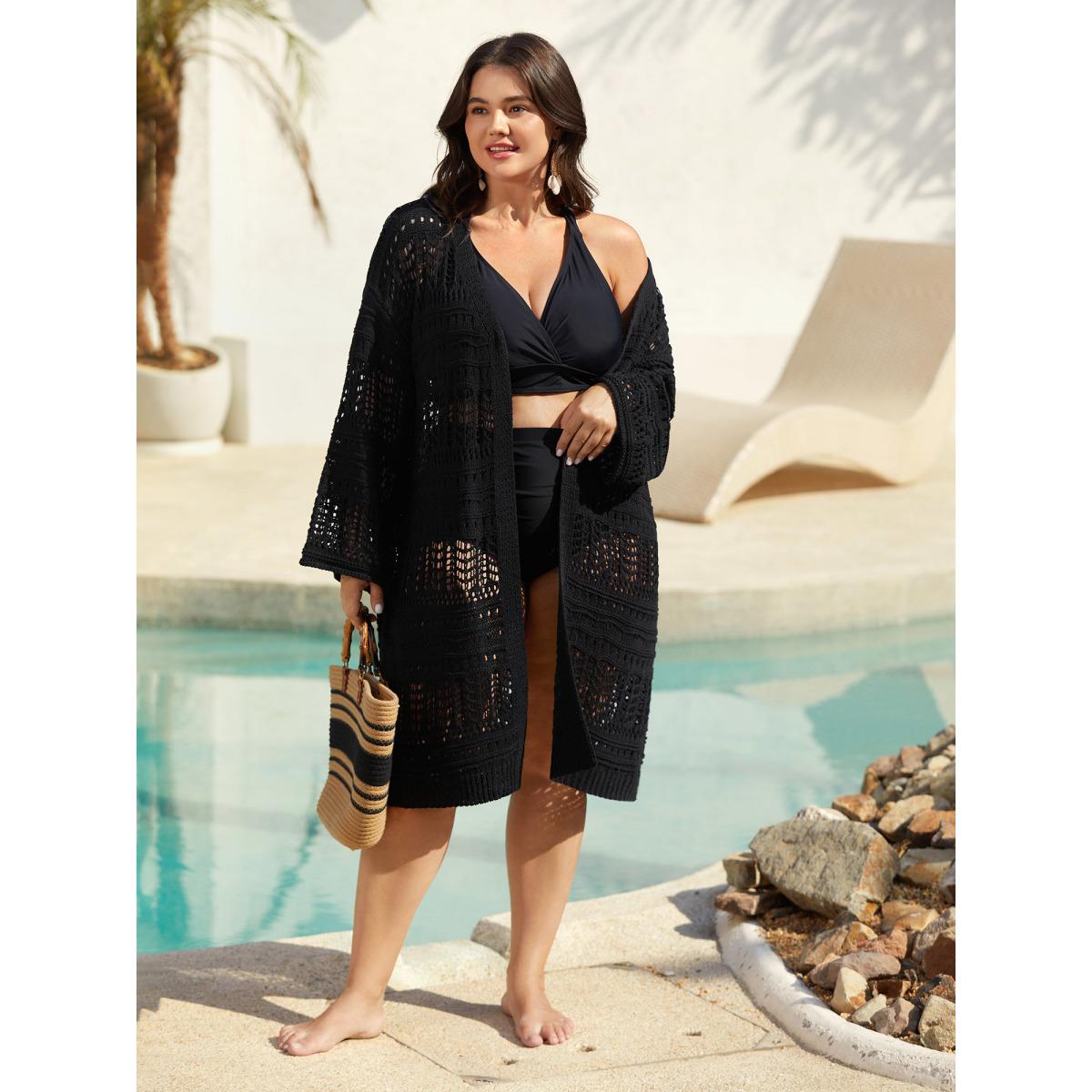 Plus Size Cut-Out Open Front Swim Cover-Up Women's Swimwear Black Resort Loose Cut-Out Curve Swim Cover Ups BloomChic 30/6X Product Image