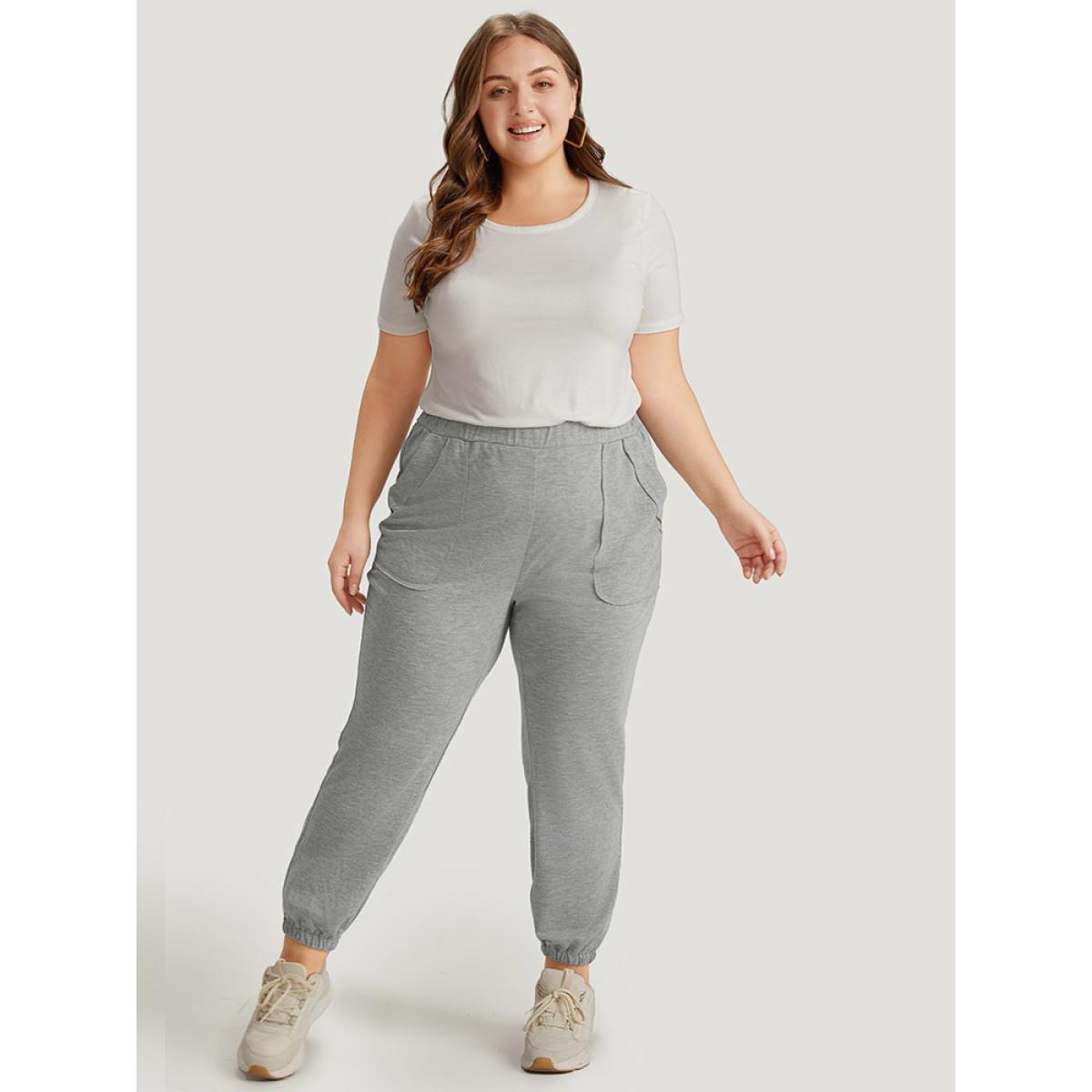 Solid Patched Slant Pocket High Rise Sweatpants Gray Plus Size Women Casual Dailywear Pocket 30/6X Bloomchic Product Image