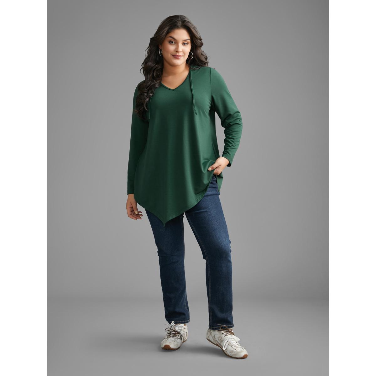 Plus Size Hooded Drawstring Asymmetrical Hem Sweatshirt Women DarkGreen Casual Drawstring Loose Hooded Everyday Sweatshirts BloomChic 14-16/1X Product Image